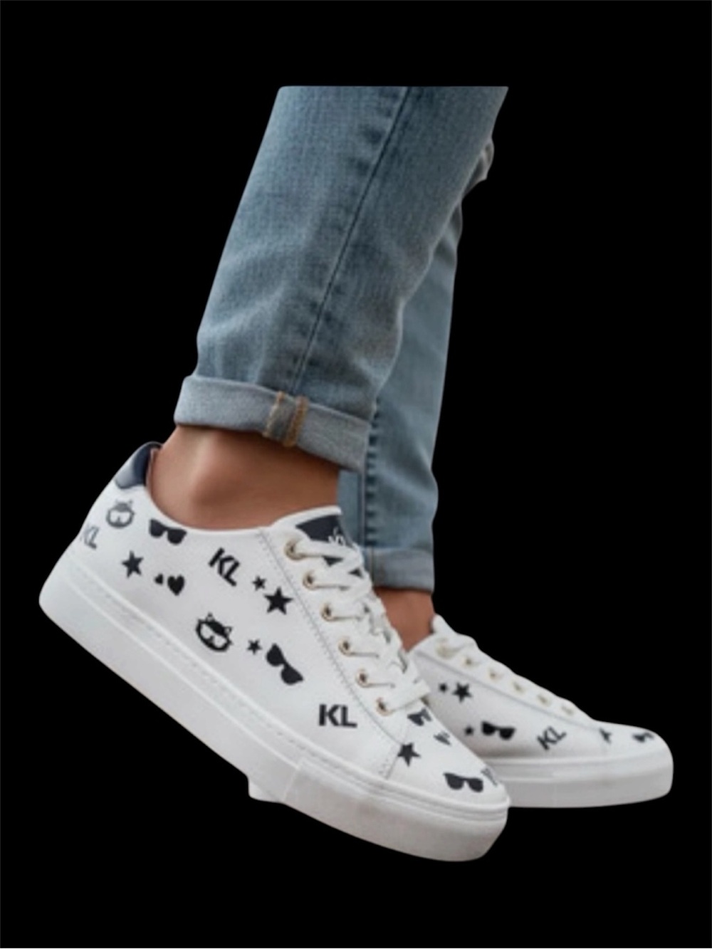 Karl Lagerfeld Paris Woman’s White Low-Top Sneakers with Black Logo Icons Sz 7.5 - Picture 2 of 11